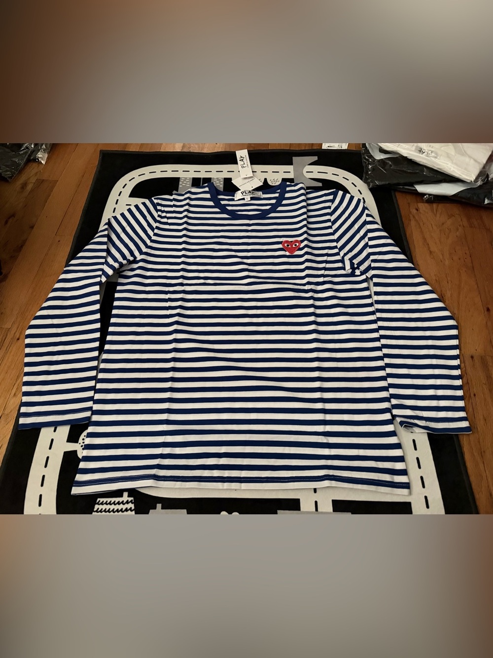 Comme des Garcons PLAY Striped Long Sleeve Shirt Blue White Red Heart Size M/NWT